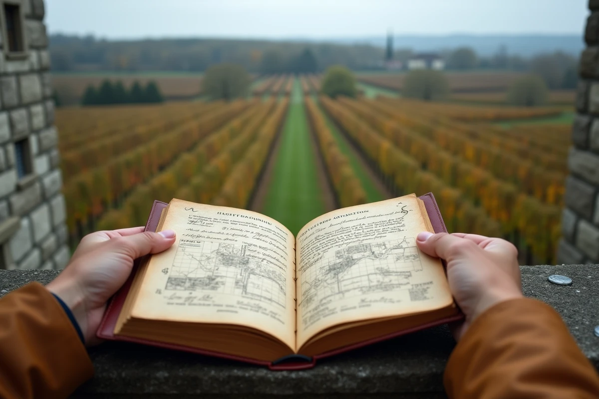 Documents d'évaluation d'un domaine viticole bordelais posés sur la balustrade d'un château girondain