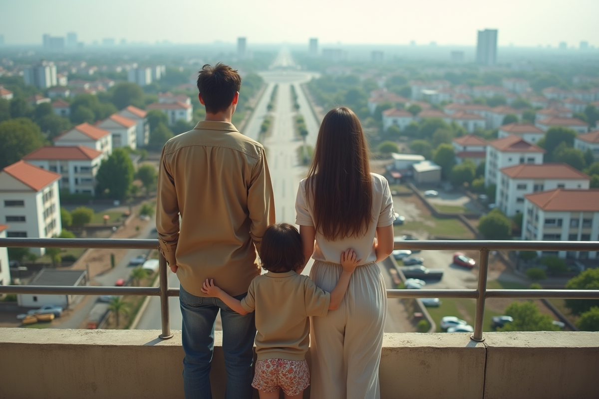 Famille observant la ville depuis un balcon en pleine croissance