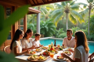 Famille en séjour dans une villa en Thaïlande partageant un repas sur la terrasse au bord de la piscine privée