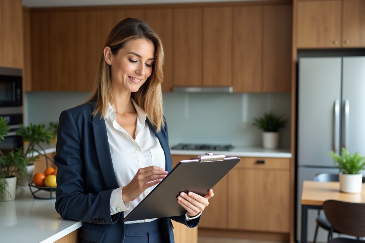 Femme d affaires vérifiant ses notes dans la cuisine
