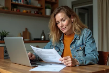 Femme d'âge moyen vérifiant ses impôts à la maison