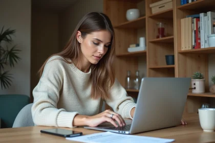 Femme au bureau entrant des chiffres avec document Action Logement