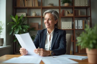 Femme daffaires examine documents de location dans son bureau