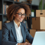Femme en bureau moderne mettant à jour son adresse