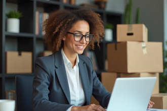 Femme en bureau moderne mettant à jour son adresse
