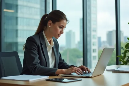 Femme en blazer dans un bureau moderne utilisant un logiciel immobilier