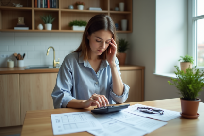 Femme concentrée utilisant une calculatrice et un carnet de notes