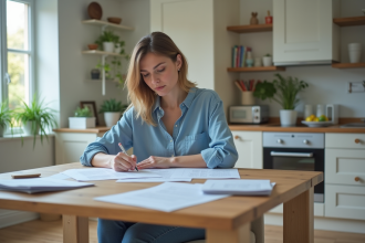 Femme remplissant un formulaire de changement d'adresse à la maison