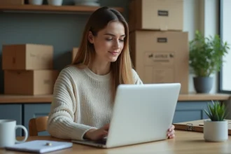 Jeune femme compare devis de déménagement sur son ordinateur