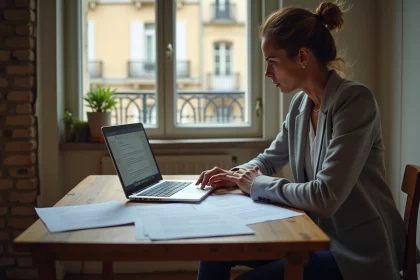 Femme consultant une liste de villes en zone tendue et son contrat de location dans un appartement parisien