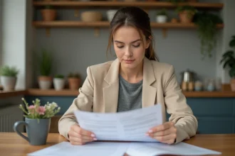 Femme examinant des documents d'assurance maison dans la cuisine