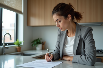 Femme d'affaires examine des documents de prêt immobilier