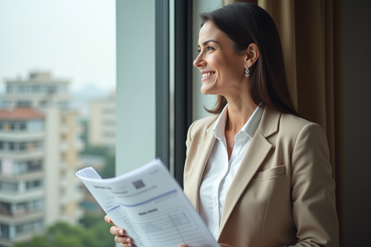 Femme souriante tenant plans immobiliers près d une fenêtre
