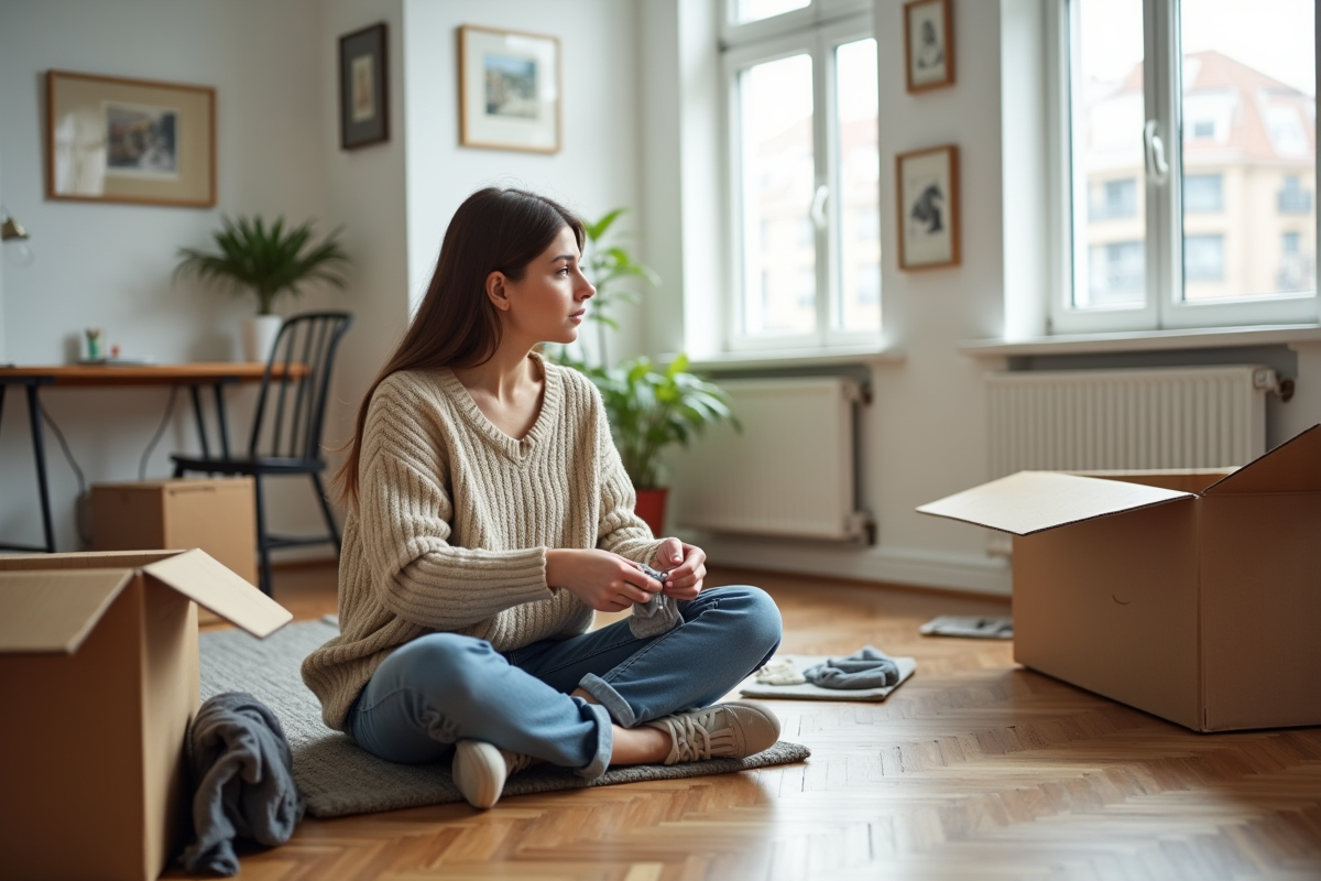 Jeune femme assise sur le sol avec cartons en pleine demenagement