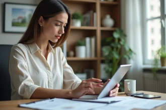 Jeune femme professionnelle examinant des calculs de location