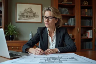 Femme professionnelle en bureau immobilier avec documents