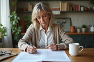 Femme lisant un contrat de location dans une cuisine lumineuse