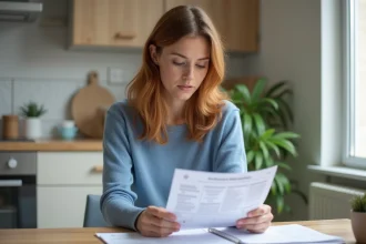 Femme lisant des documents de location dans un appartement moderne