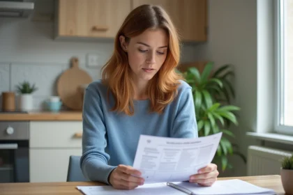Femme lisant des documents de location dans un appartement moderne