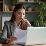 Femme lisant un avis d'impots dans un appartement moderne