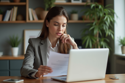 Femme lisant un avis d'impots dans un appartement moderne