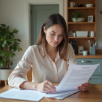 Femme professionnelle examine documents de location dans un appartement lumineux