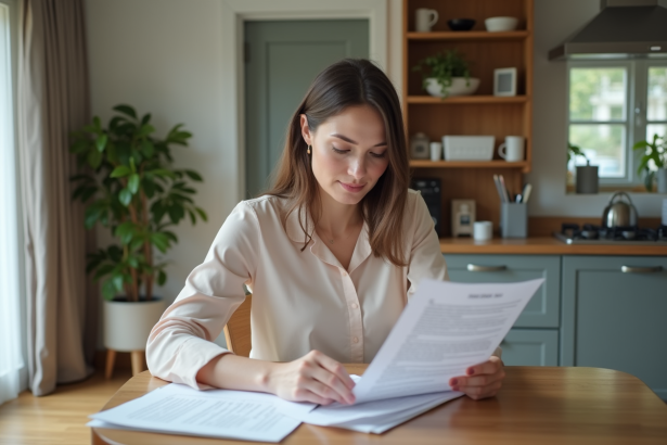 Femme professionnelle examine documents de location dans un appartement lumineux