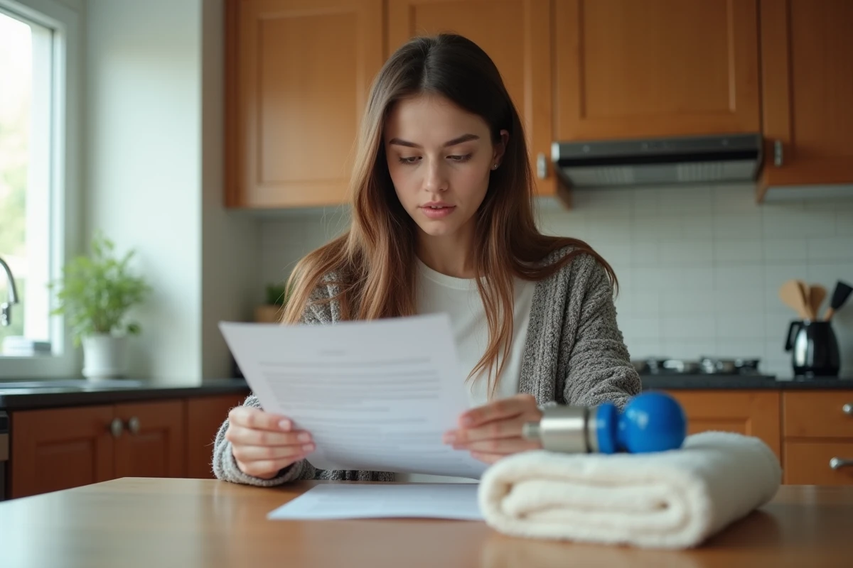 Jeune femme lisant un contrat de location avec pièce de plomberie sur la table