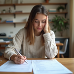 Jeune femme vérifiant un formulaire de location à Paris
