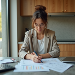 Femme en blazer et jeans dans une cuisine moderne