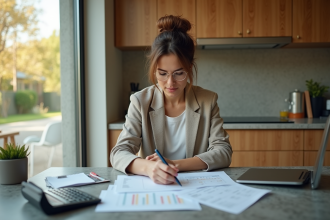 Femme en blazer et jeans dans une cuisine moderne