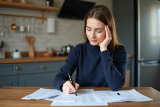 Femme examine des factures d énergie à la maison