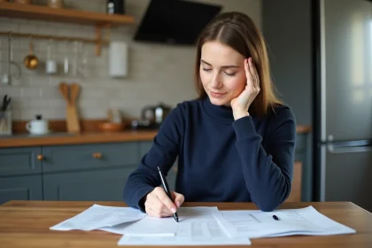 Femme examine des factures d énergie à la maison