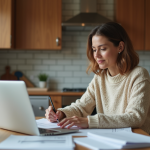 Femme dans sa cuisine remplissant un document