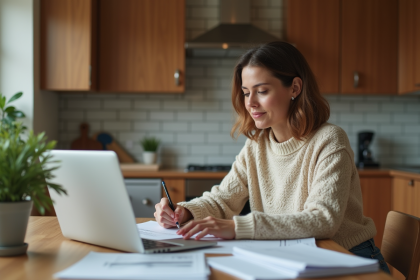 Femme dans sa cuisine remplissant un document