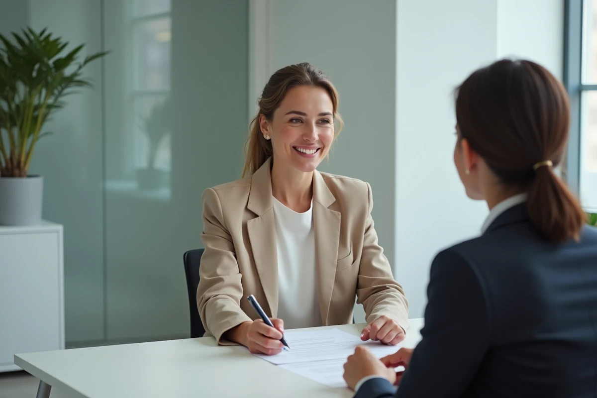 Femme consultant un notaire dans un bureau moderne, examinant des documents juridiques lors d'une consultation gratuite
