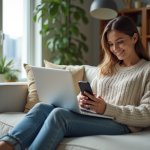 Jeune femme détendue dans un salon moderne avec ordinateur et téléphone