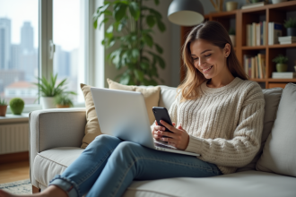 Jeune femme détendue dans un salon moderne avec ordinateur et téléphone
