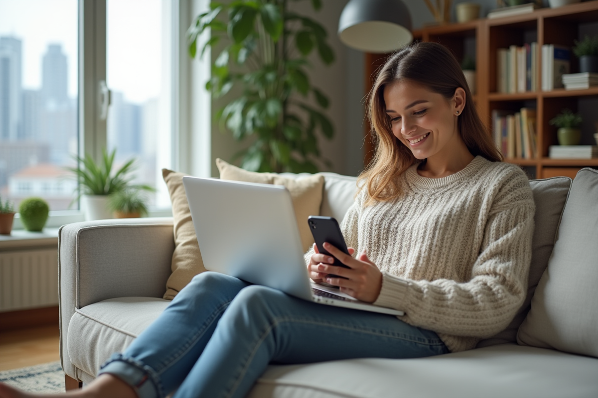 Jeune femme détendue dans un salon moderne avec ordinateur et téléphone