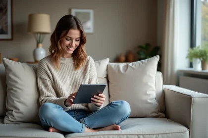 Jeune femme souriante avec tablette dans un salon moderne