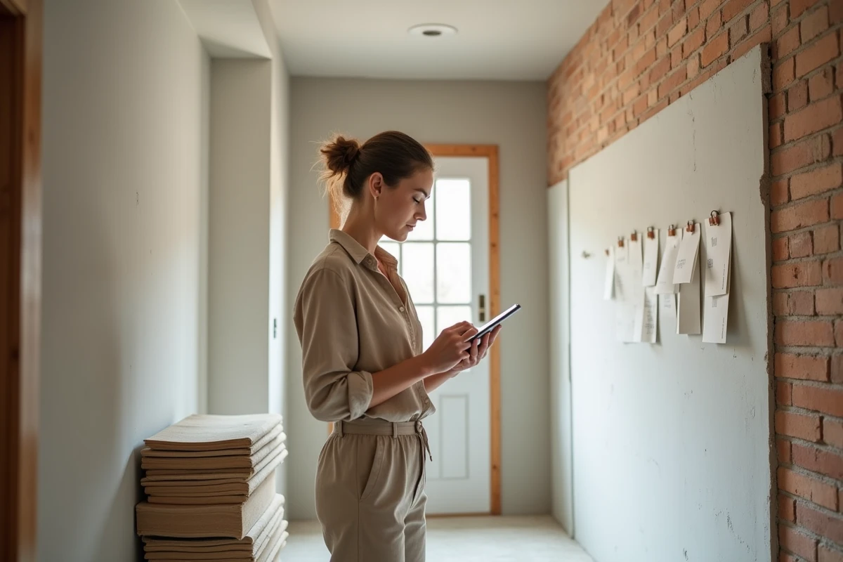 Femme consultant un guide de rénovation sur tablette dans un couloir en cours de rénovation avec matériaux et échantillons de peinture
