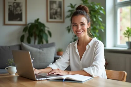 Femme souriante travaillant à la maison dans un salon lumineux