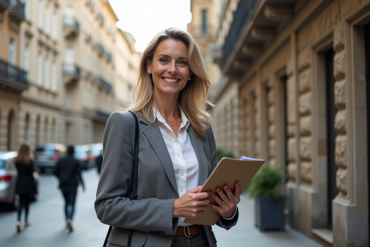 Femme souriante devant un immeuble ancien en ville