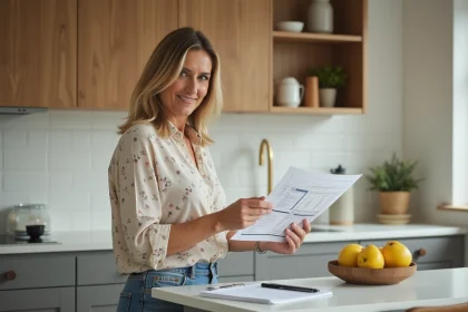 Femme souriante vérifiant un rapport immobilier dans la cuisine