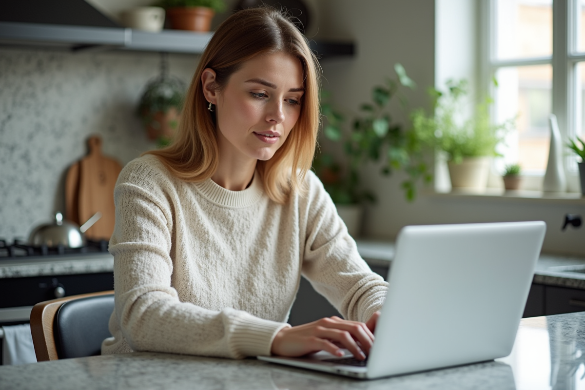 Femme examinant sa déclaration fiscale sur ordinateur dans la cuisine