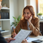 Jeune femme française remplissant un contrat de location dans un salon lumineux