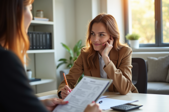 Jeune femme française remplissant un contrat de location dans un salon lumineux