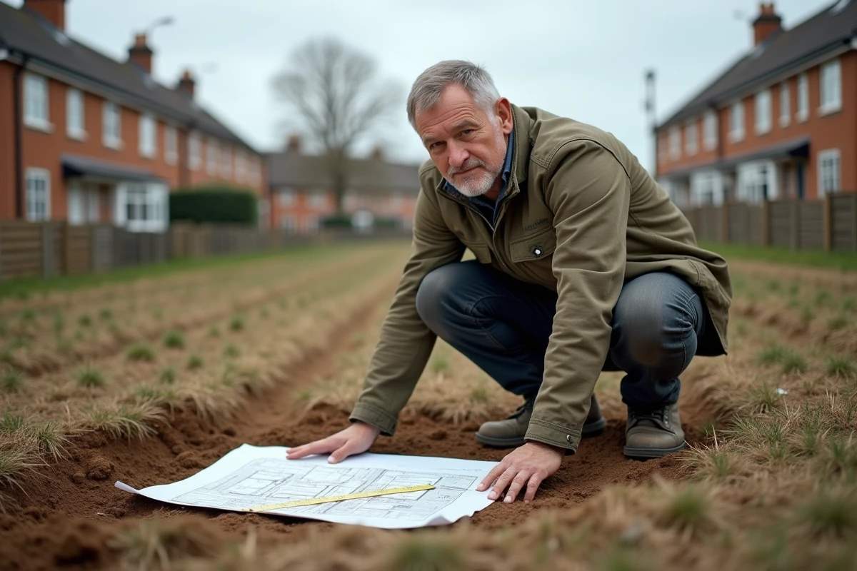 Géomètre mesurant les limites d'un terrain constructible pour calculer l'emprise au sol d'une future maison