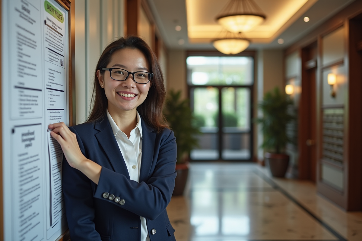 Agent immobilier affichant une note dans le hall d