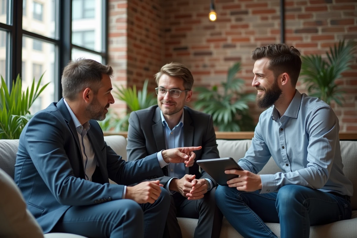Groupe de professionnels discutant dans un espace coworking moderne
